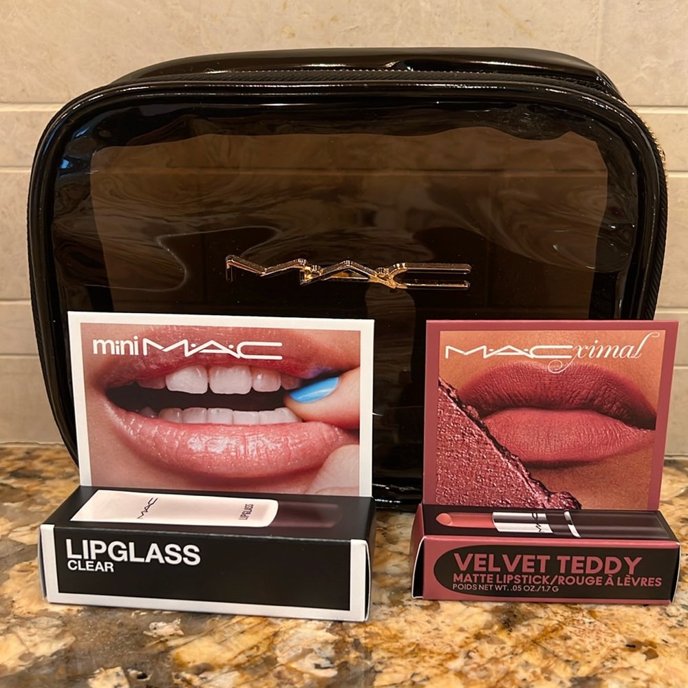 MAC 3x NEW limited edition cosmetic bag, Mini Lipglass and Velvet Teddy Lipstick